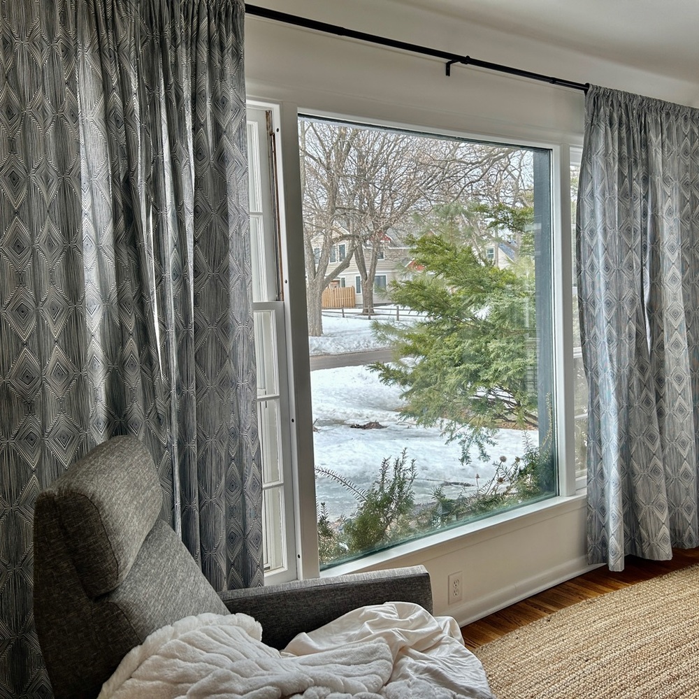 Blue modern curtains made with Nate Berkus fabric $10 per panel